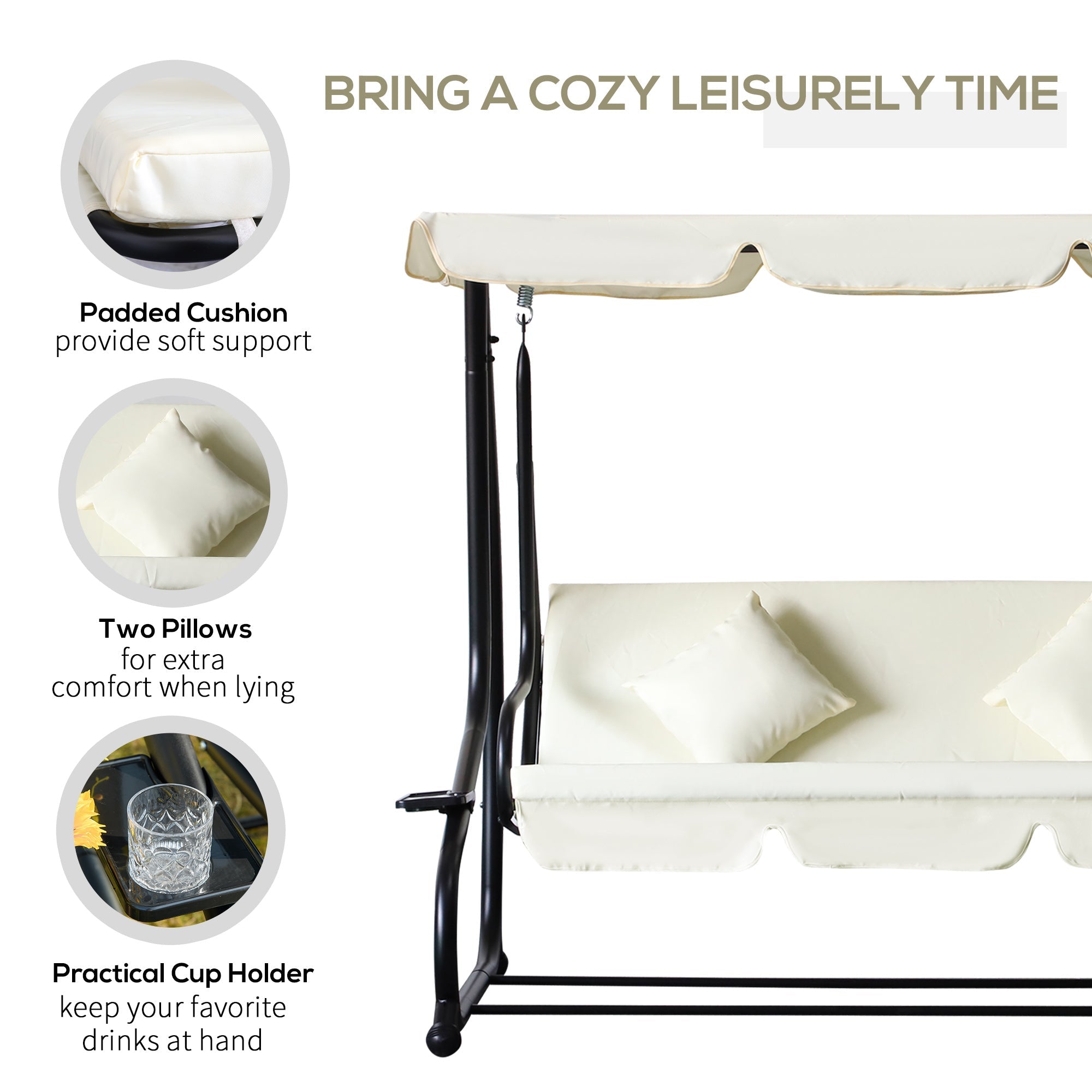 Outsunny 3 Seater Patio Swing Chair Convertible Cushioned Bed Outdoor Porch Backyard with Canopy and Pillow Cream White
