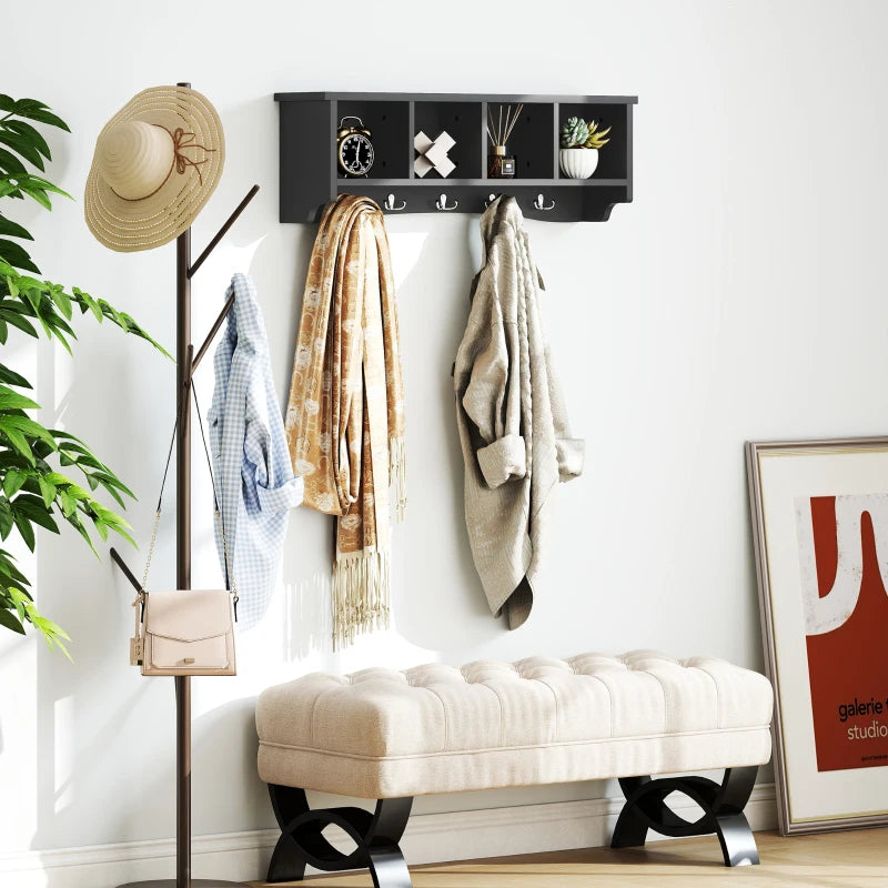 Coat Rack Wall Mount with Shelf, 28" Wall Coat Rack with 5 Hooks and 4 Compartments for Living Room, Entryway, Black