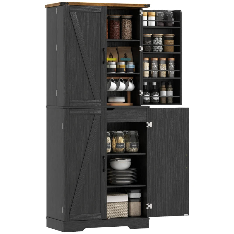 72" Kitchen Pantry Cabinet, Farmhouse Storage Cabinet with 4 Doors, Drawer, 8 Door Shelves and Adjustable Shelf, Black