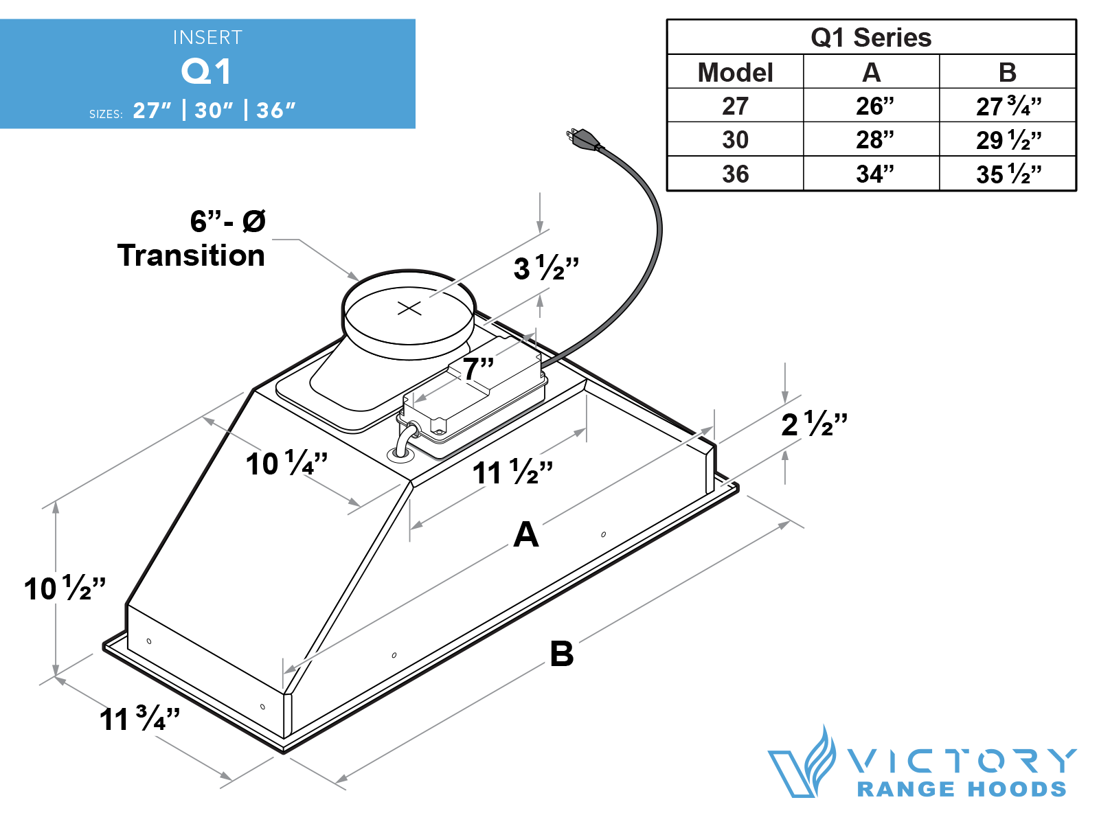 30 Inch 600 CFM Range Hood Insert - VICTORY Q1