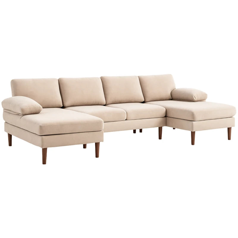 U Shape Couch with Double Chaise Lounge, Modern 4 Seater Sofa with Wooden Legs, Fabric Sofa for Living Room, Beige