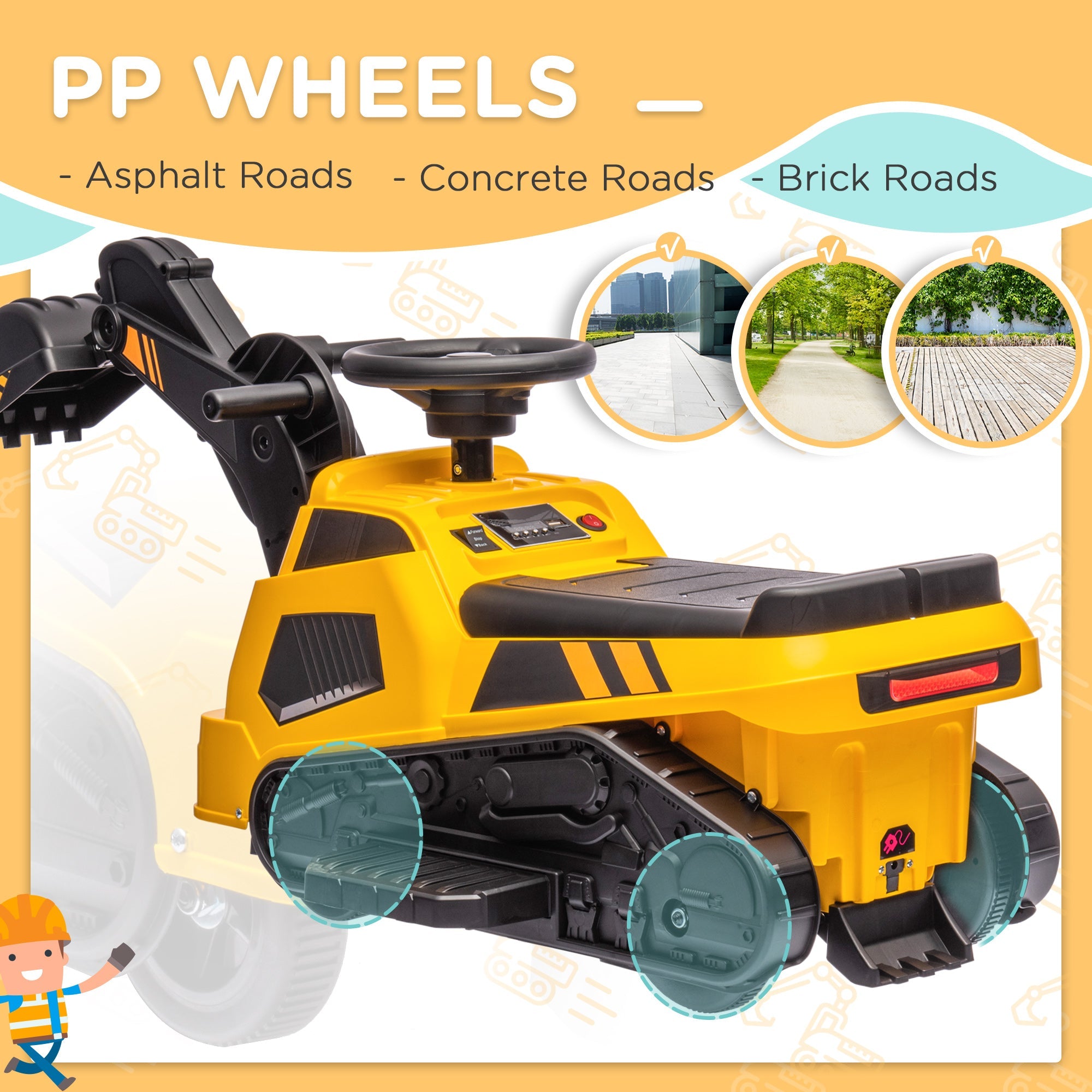 Aosom 6V Electric Ride On Tractor 3 in 1 Excavator Bulldozer Road Roller Battery Powered Kids Construction Toy