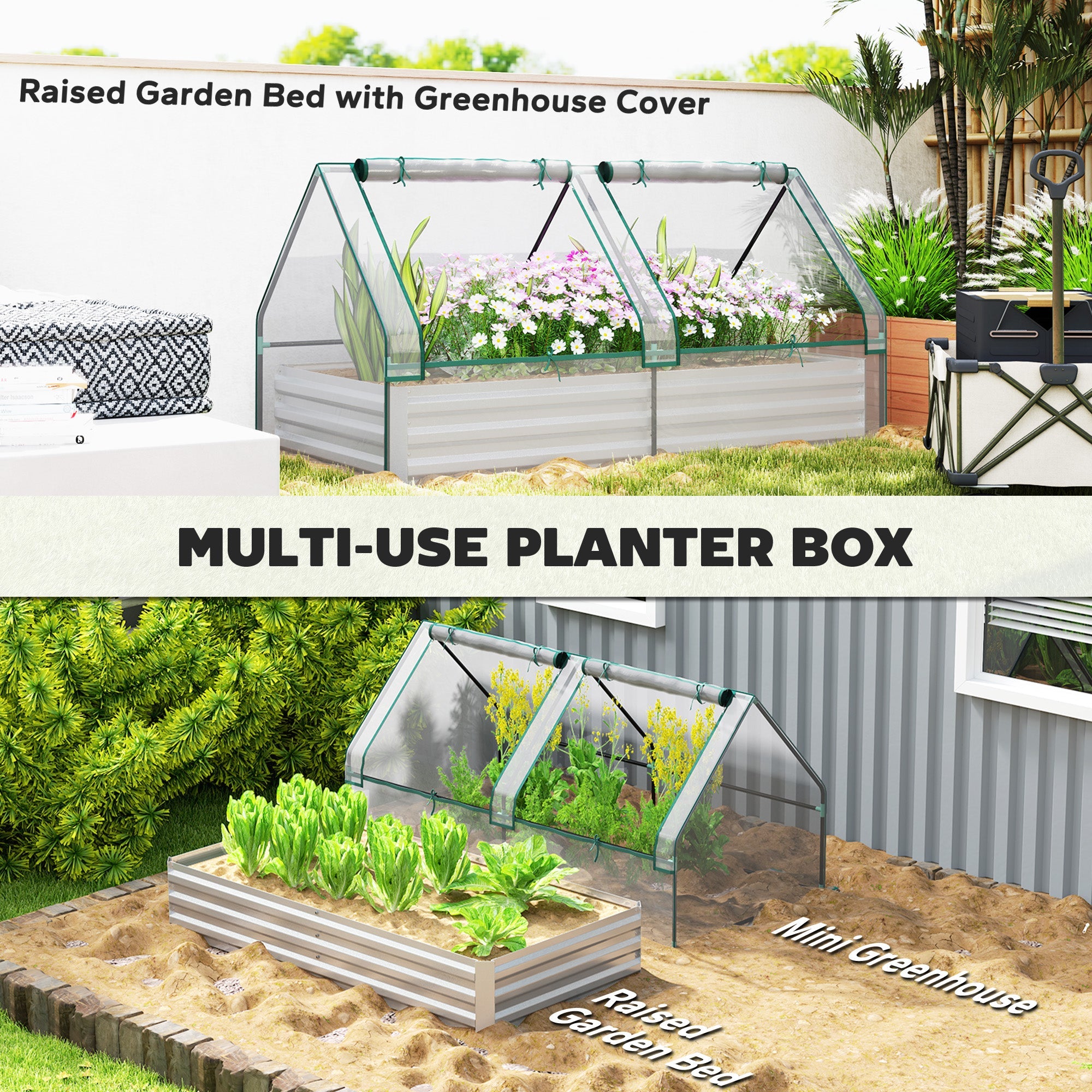 Outsunny 6' x 3' Metal Planter Box with Cover, Raised Garden Bed with Mini Greenhouse for Herbs, Vegetables, Clear and Silver