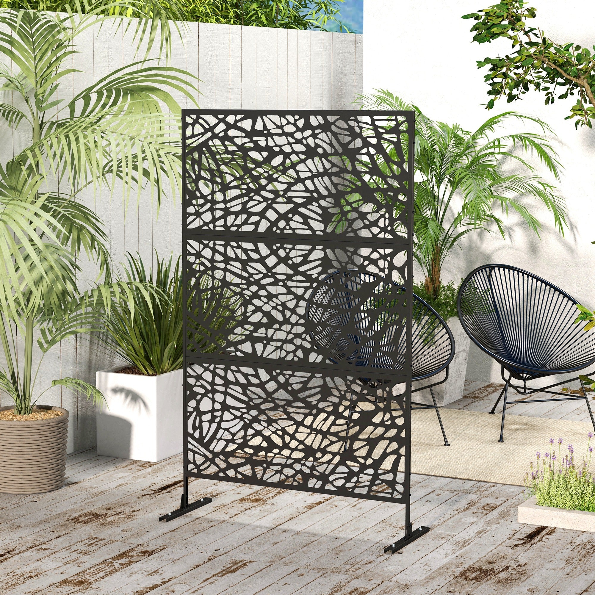 Outsunny 6.5FT Metal Outdoor Privacy Screen Divider with Stand Twisted Line Design Black