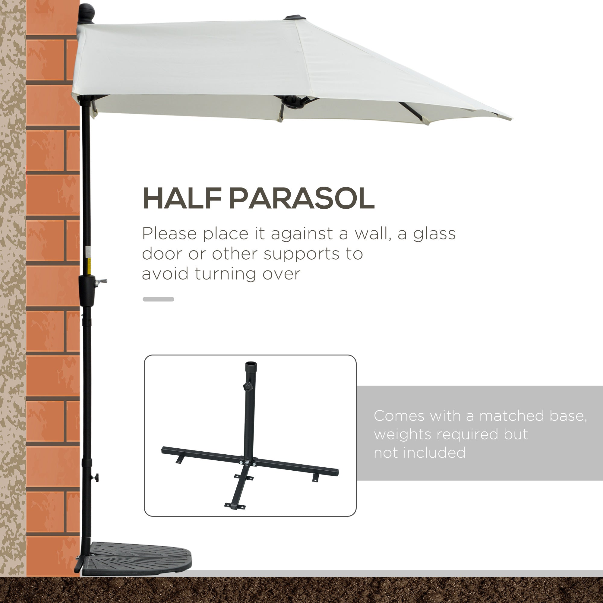 Outsunny Half Patio Umbrella 6.6x6ft with Double-Sided Canopy, Crank Handle, Base - Ideal for Garden, Balcony in Cream