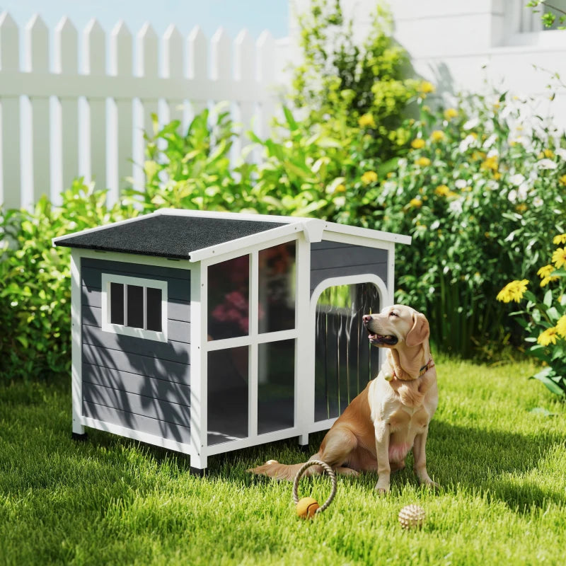 Wooden Dog House, Raised Pet Kennel with Removable Bottom, Openable Asphalt Roof, Door Curtain, Side Windows, Dark Grey