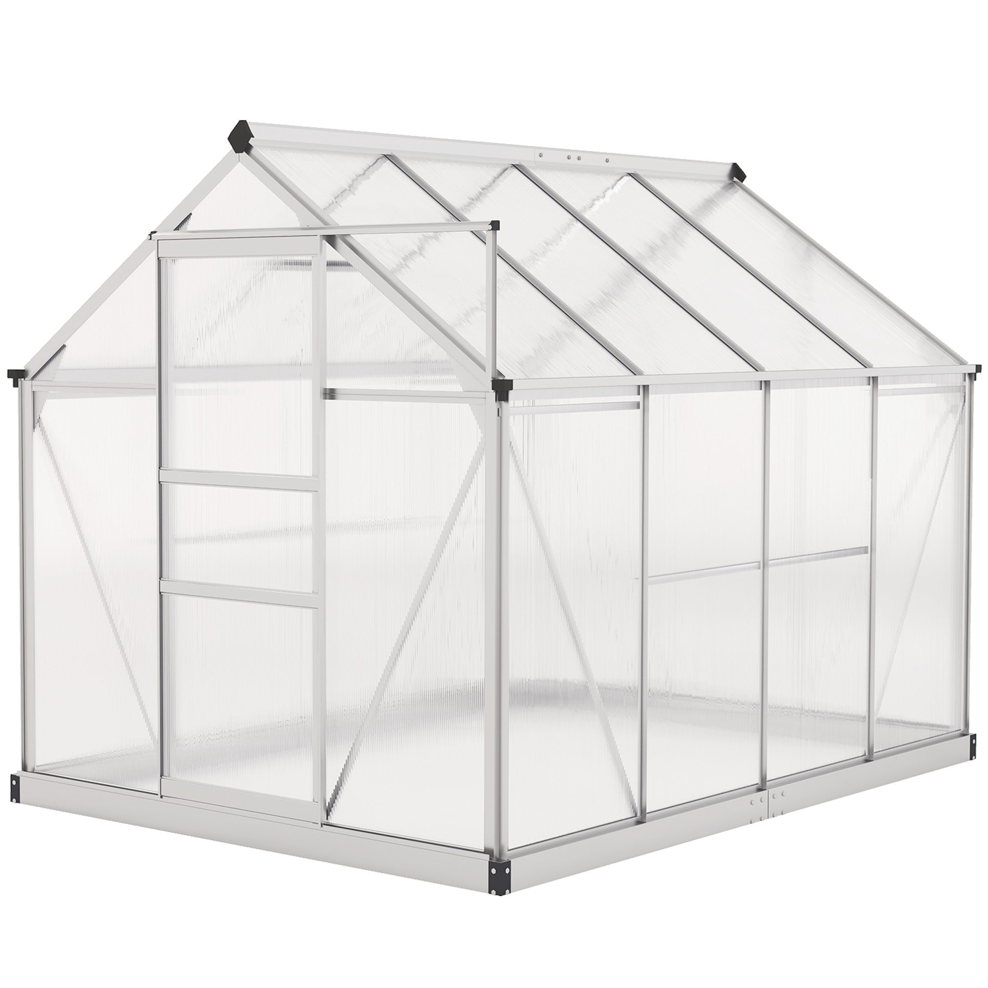 Outsunny 6' x 8' x 6.6' Polycarbonate Greenhouse, Walk-In Green House Kit Garden, Plants Grow, Galvanized Sheet Aluminum Frame with Rain Gutter, Vent and Sliding Door, Silver
