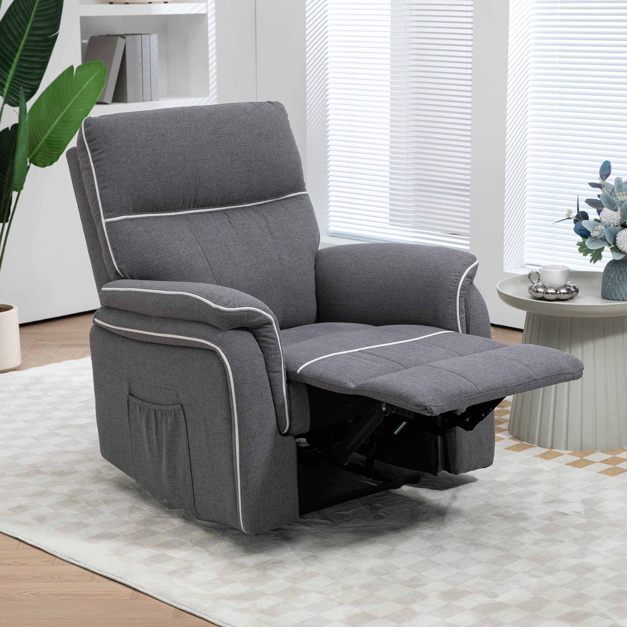 HOMCOM Fabric Reclining Chair, Manual Recliner Chair for Living Room with Footrest, 2 Side Pockets, Steel Frame, Dark Grey