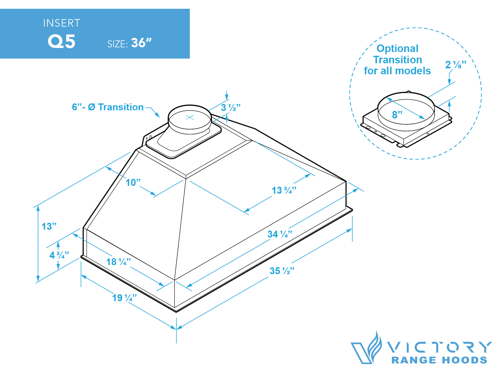 36 Inch 750 CFM Range Hood Insert - VICTORY Q5
