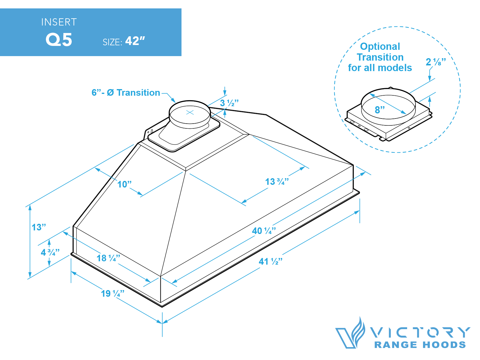 42 Inch 750 CFM Range Hood Insert - VICTORY Q5