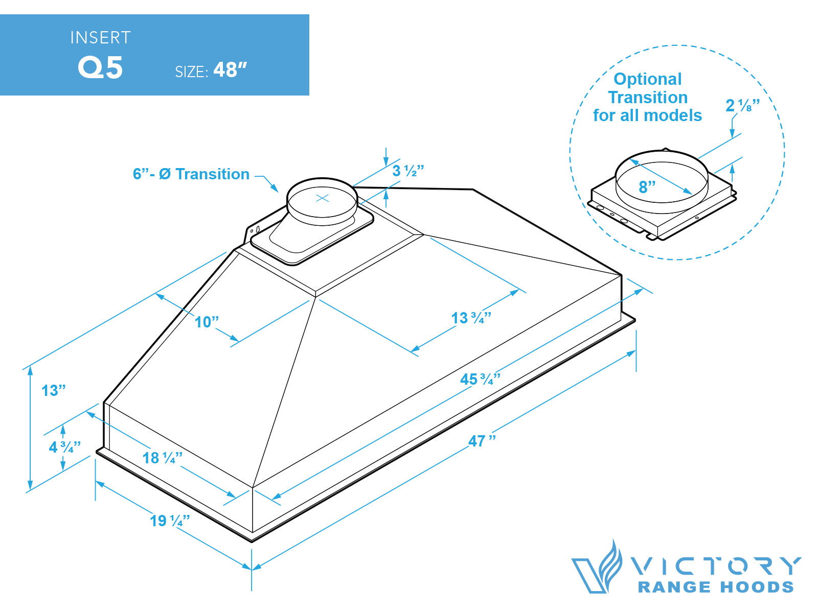 48 Inch 750 CFM Range Hood Insert - VICTORY Q5