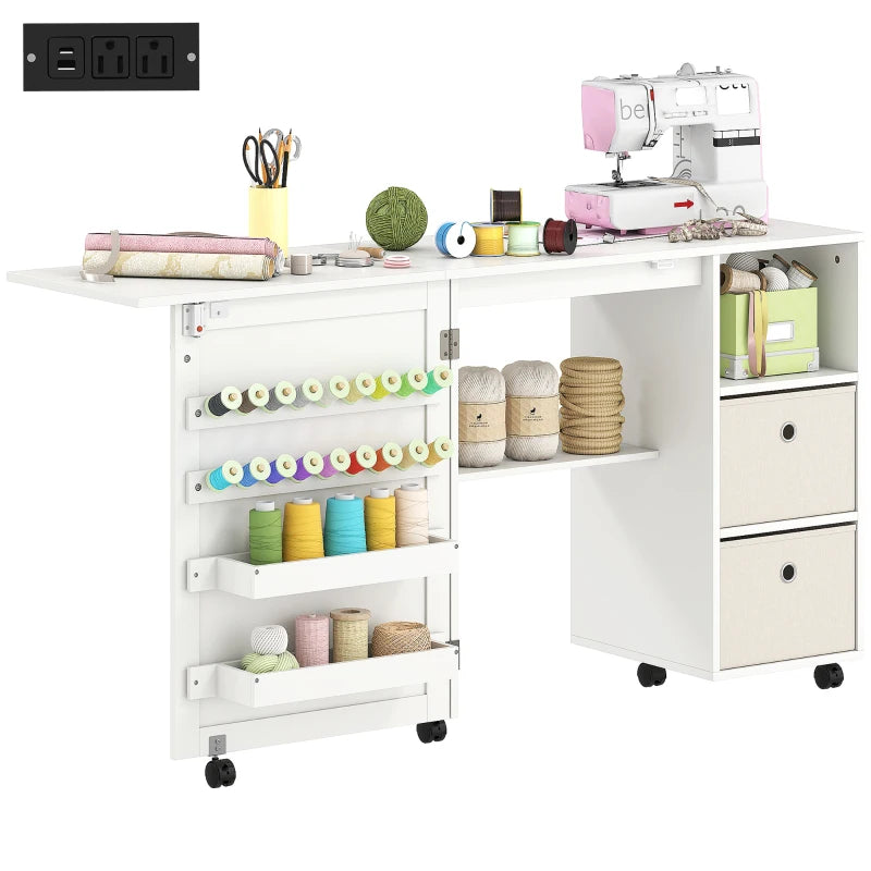 Rolling Sewing Machine Table with Power Outlet, Folding Craft Table with 2 Fabric Drawers, 2 Bins and 18 Pegs, White