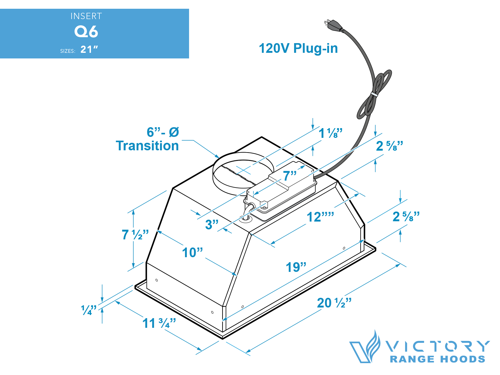 21 Inch 600 CFM Range Hood Insert Power Pack - VICTORY Q6
