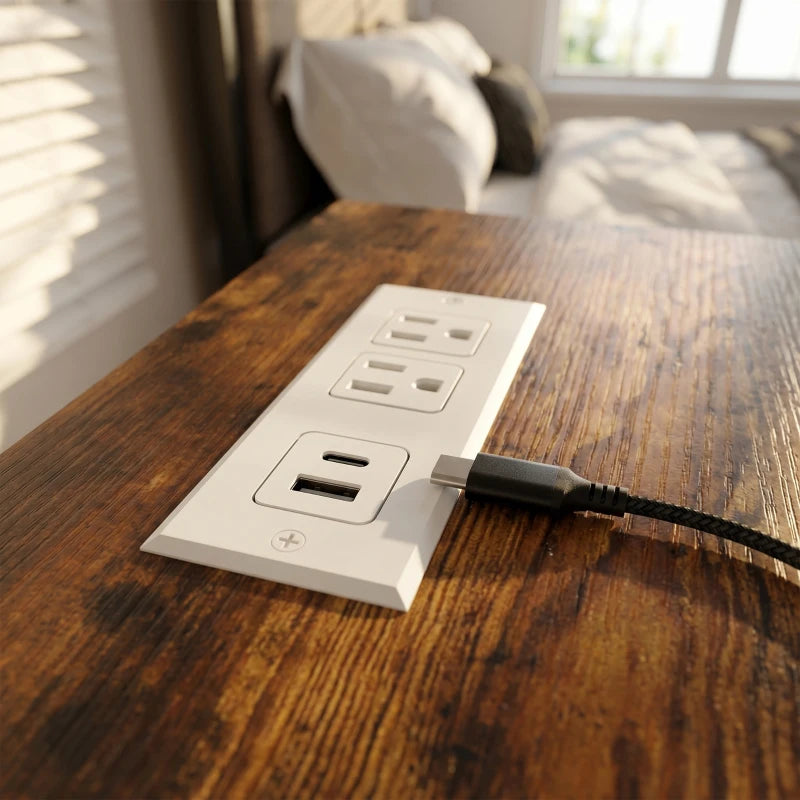 HOMCOM Nightstand Set of 2 with Charging Station, Bedside Tables with 2 Drawers, Open Shelf, AC Outlets, USB & USB-C Ports, White & Oak