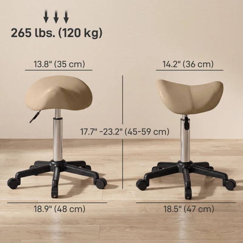 Rolling Salon Stool, PU Leather Swivel Saddle Chair, Adjustable Height Stool with Wheels for Spa, Salon, Office, Brown
