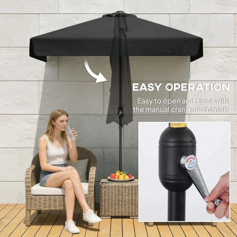 7.5ft Half Umbrella Semi Round Patio Parasol with Crank Handle, Top Vent for Garden, Balcony- NO BASE INCLUDED, Black