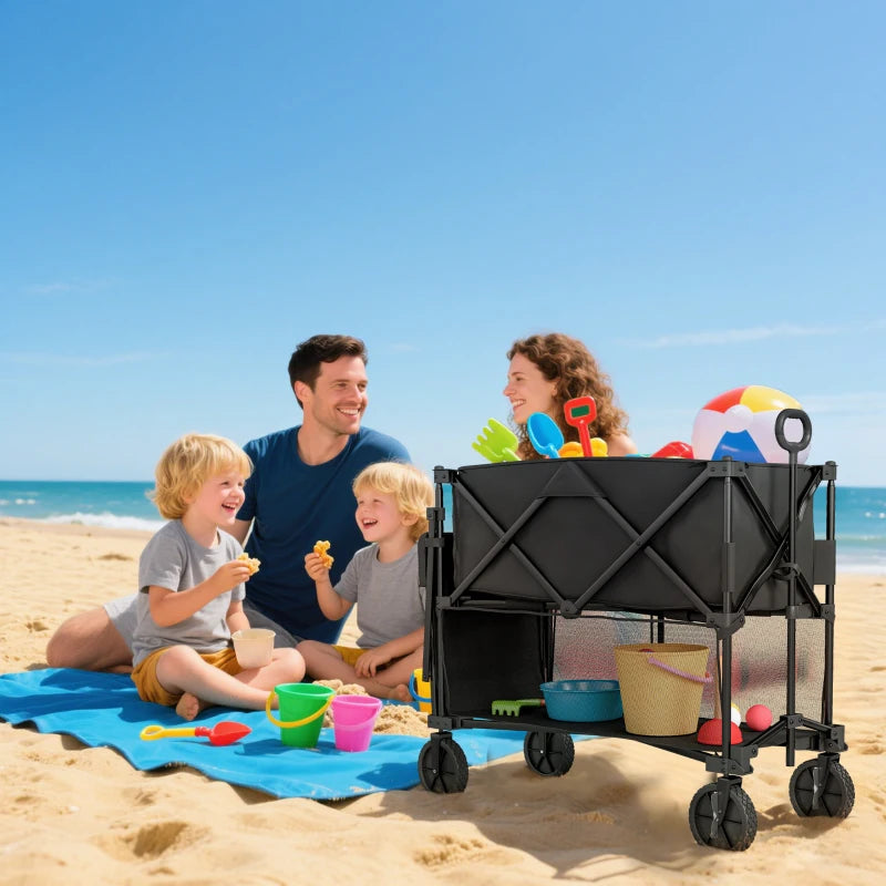 Double Decker Folding Wagon Cart, 450LBS & 350L Capacity Collapsible Garden Cart for Camping Sports Shopping and Beach