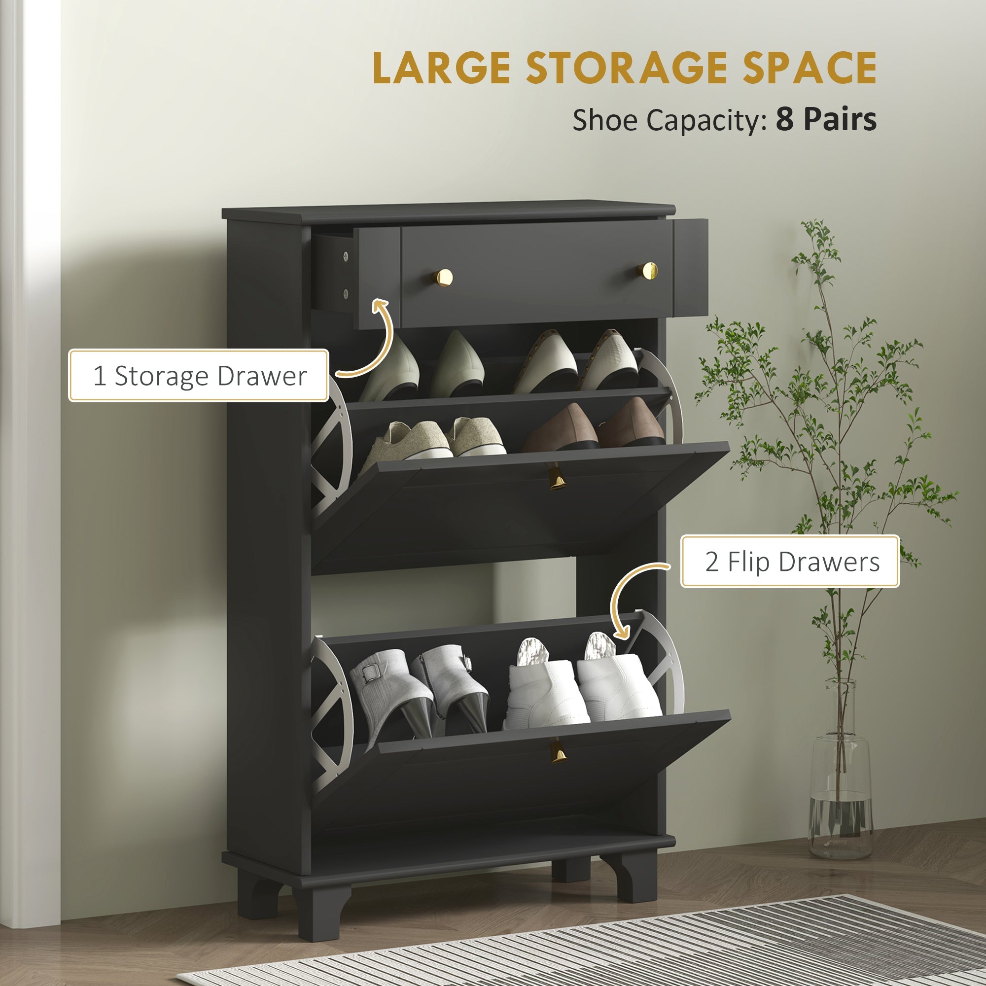 HOMCOM Slim Shoe Storage with 2 Flip Drawers and Adjustable Shelves Shoe Cabinet Organizer for 8 Pair, Black