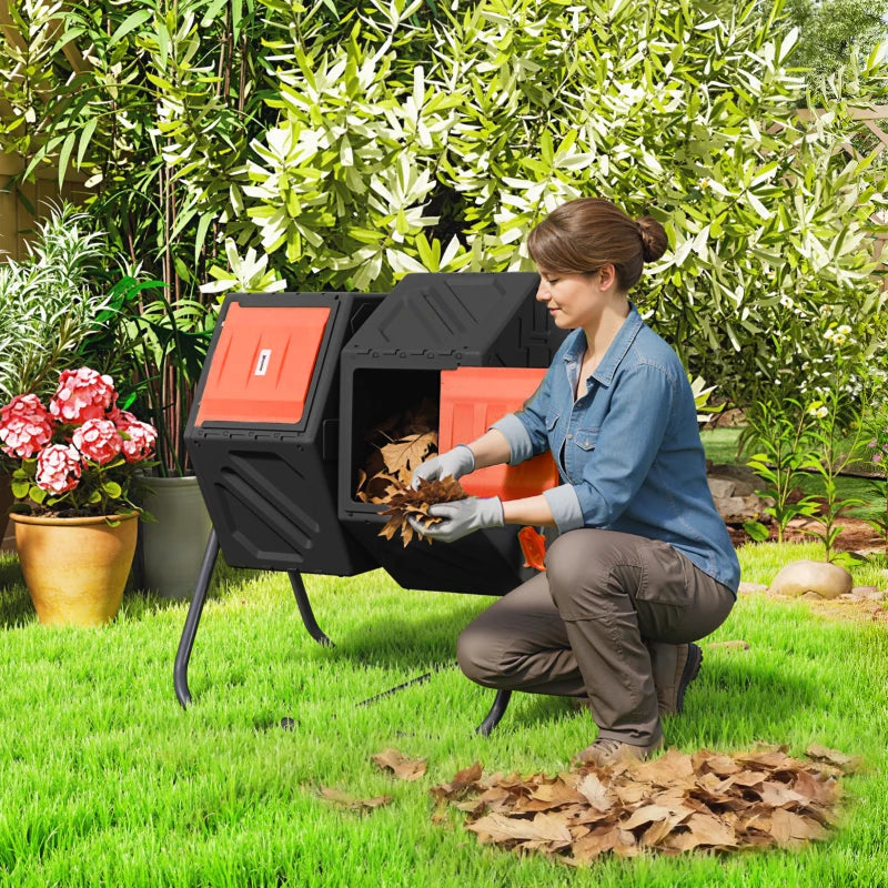 Rotating Composter, Dual Chamber Compost Bin with 24 Vents and Steel Legs, 34.5 Gallon, Orange