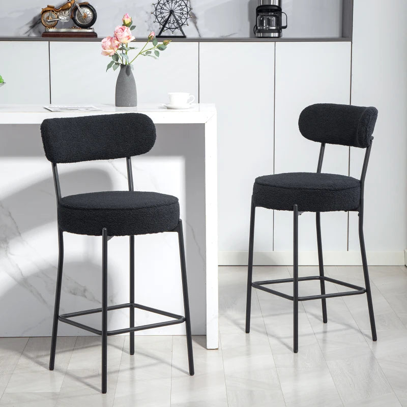 Set of 2 Barstools, Upholstered Bar Stools with Backrest, Footrest for Kitchen Island, Dining Room, Black