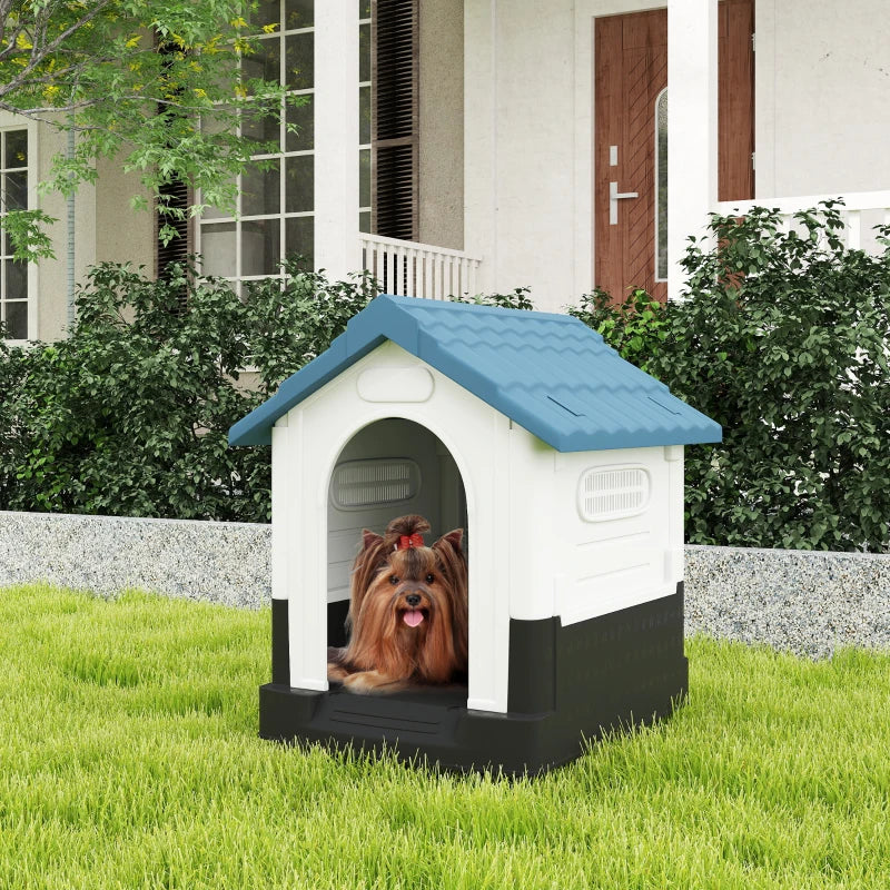 Outside Dog Kennel House with Windows, Base Support, for Garden Patio, Miniature Dogs, 64.5 x 57 x 66cm, Blue