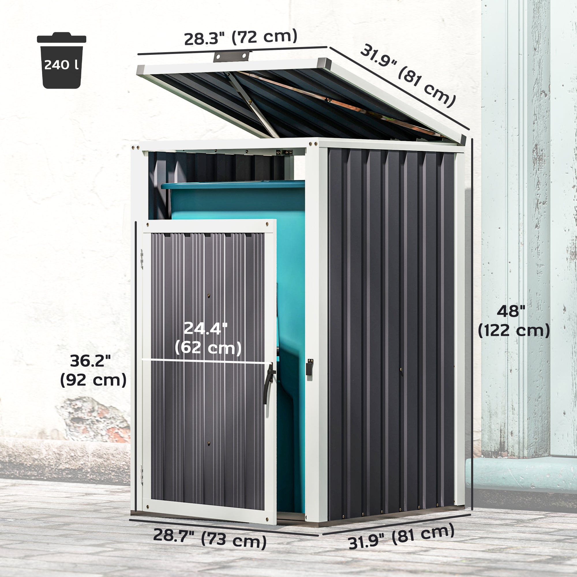 Outsunny Single Garbage Bin Shed, Lockable Outdoor Storage Shed with Openable Lid, Galvanized Frame for Garden Patio, Dark Grey