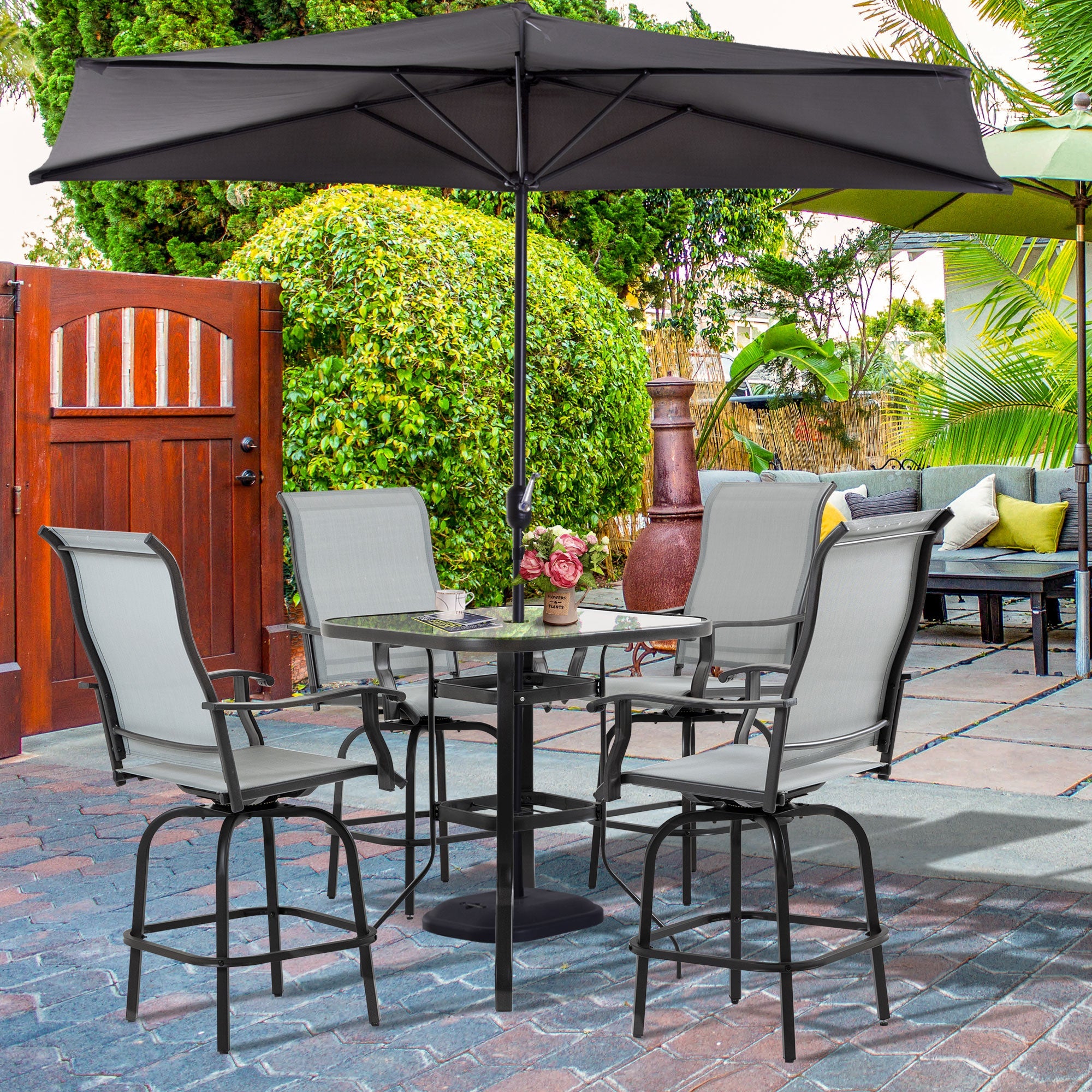 Outsunny Patio Furniture Set 5 Pieces Grey Outdoor Garden with Tempered Glass Table 4 Swivel Chairs Conversation Set