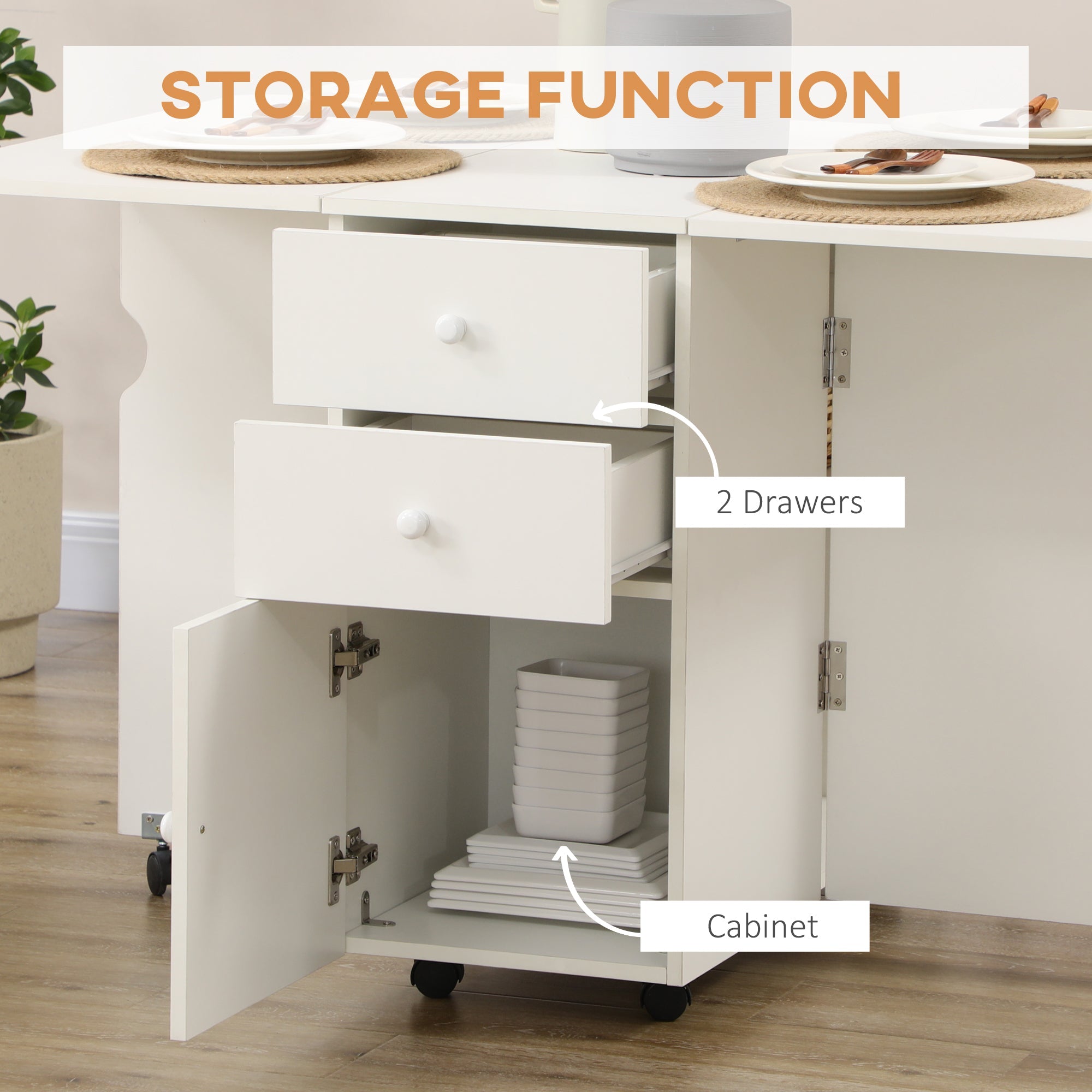 HOMCOM Extendable Drop Leaf Dining Table with 2 Drawers Cabinet 6 Wheels for Small Spaces Kitchen White