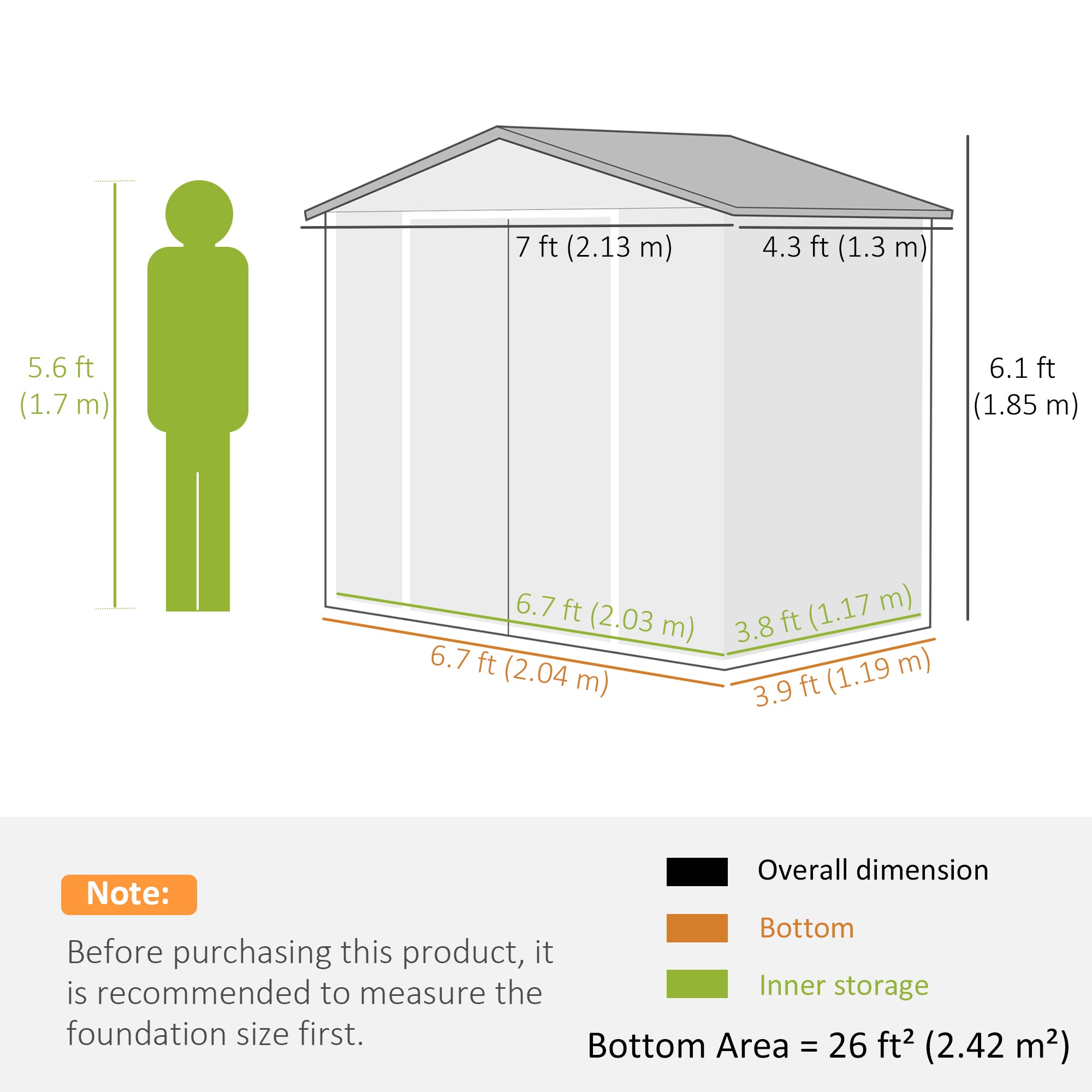Outsunny 7'x4'x6' Outdoor Garden Storage Shed Metal Tool House Foundation Kit Double Doors Light Brown