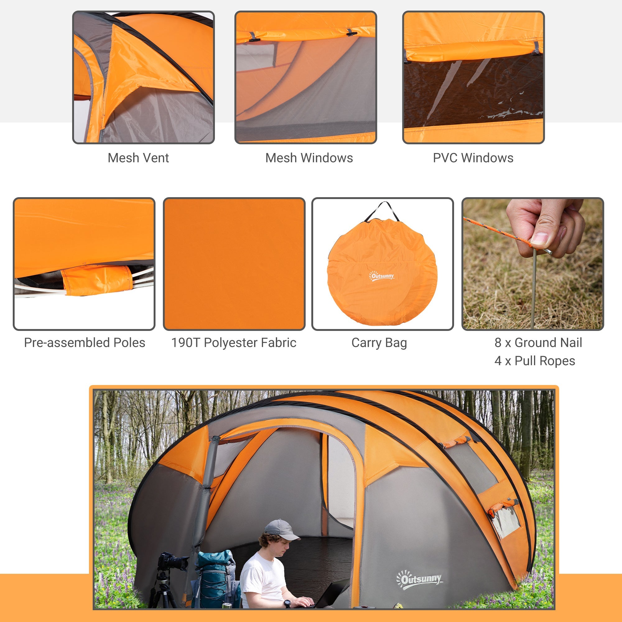 Outsunny 5-Person Pop Up Camping Tent, Easy Setup, Orange, with Doors, Windows, Carry Bag