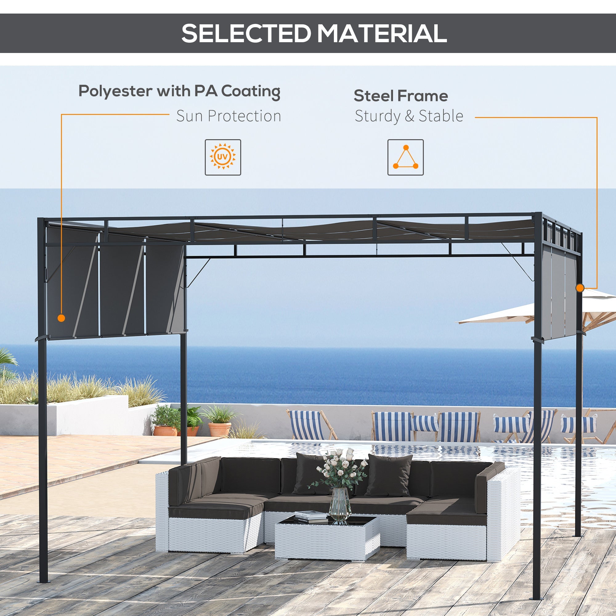 Outsunny Pergola Retractable Gazebo 10'x10' Shade Deck Shelter Steel Frame Polyester Canopy Dark Grey