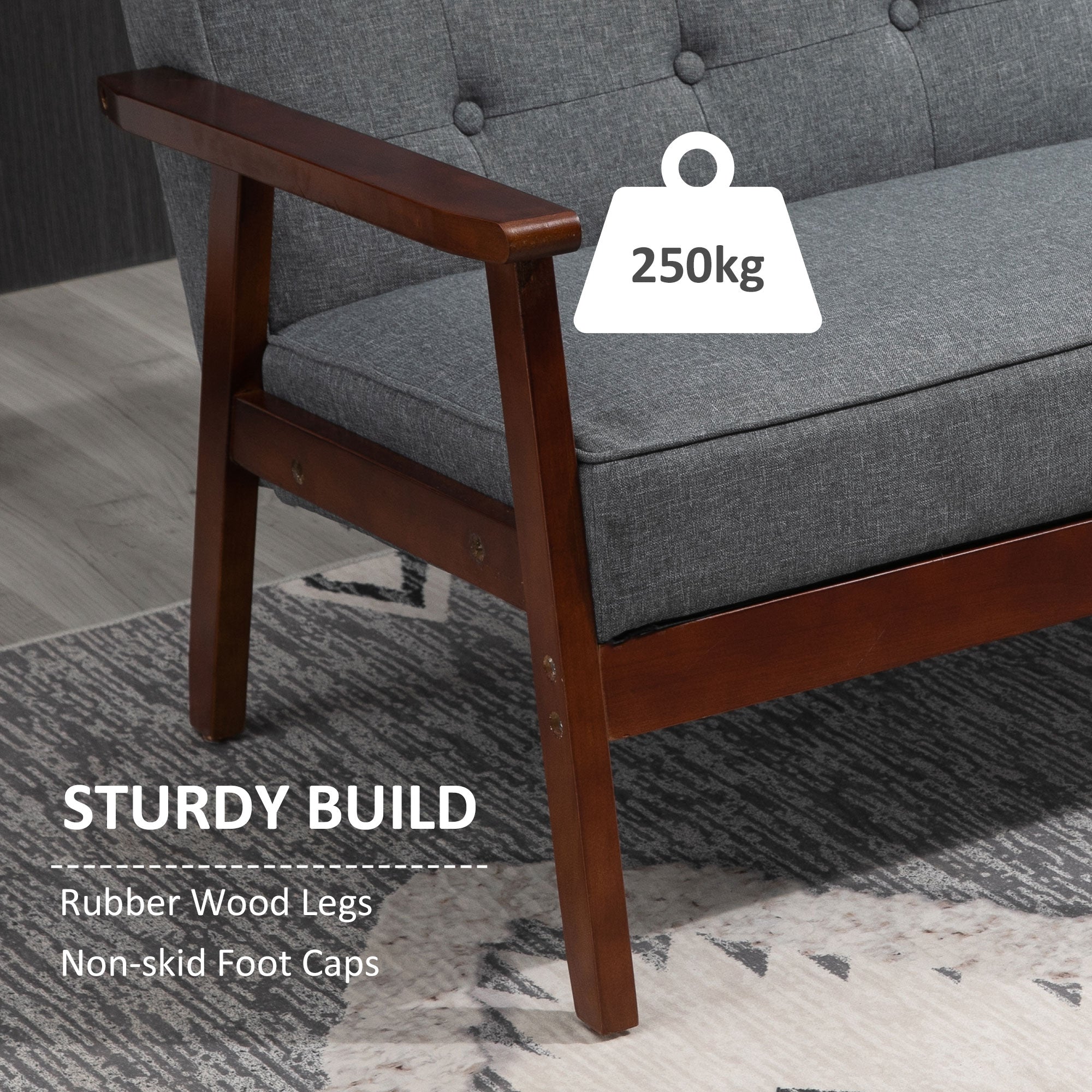 HOMCOM 45" 2 Seat Sofa for Bedroom, Modern Upholstered Loveseat with Button Tufted Back and Wood Legs, Grey