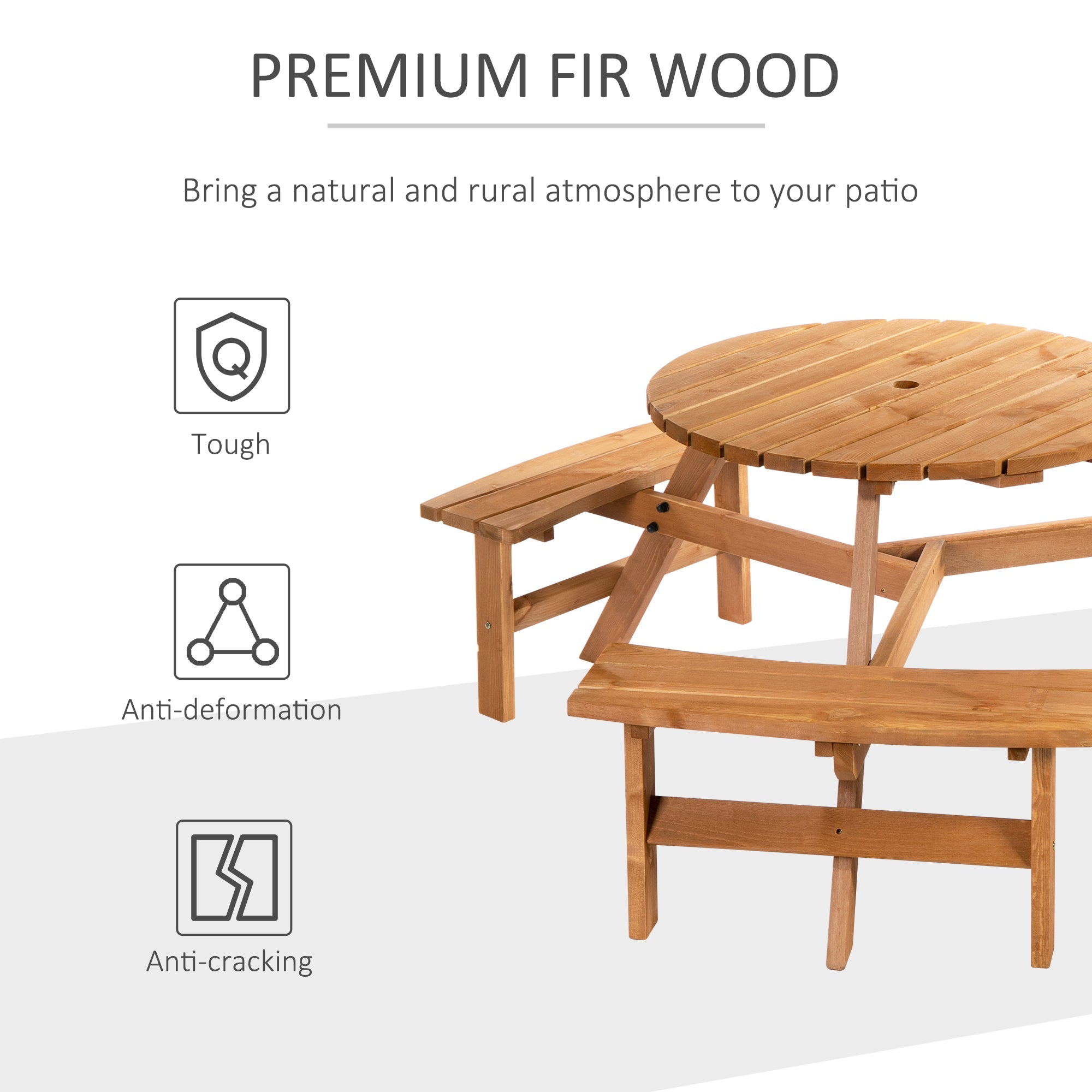 Outsunny Wood Patio 6 Person Round Picnic Table Bench Set with Umbrella Hole for Backyard Brown