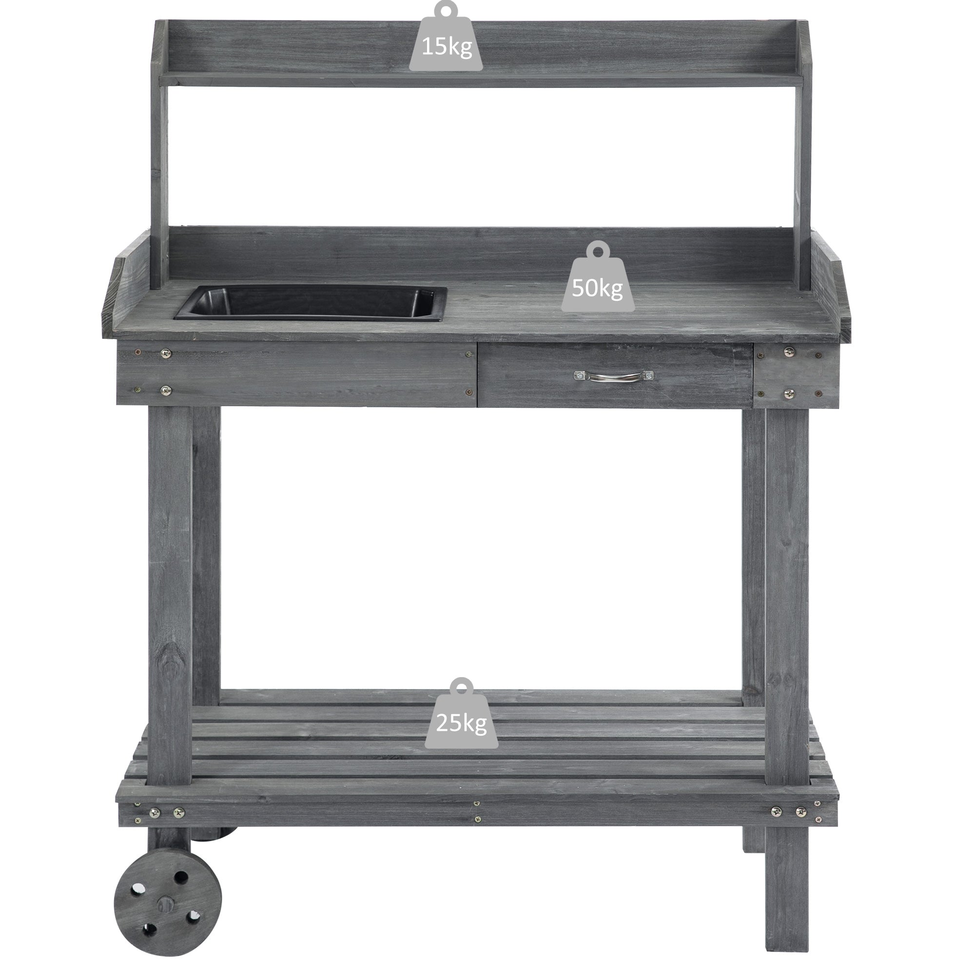 Outsunny Wooden Potting Bench 36" Work Table with Removable Wheels Sink Drawer Storage Spaces Gray