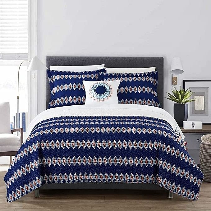 Queen size 4 Piece Cotton Blue White Boho Geometric Reversible Quilt Set - Free Shipping