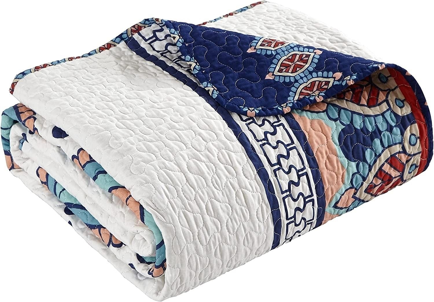 Queen size 4 Piece Cotton Blue White Boho Geometric Reversible Quilt Set - Free Shipping