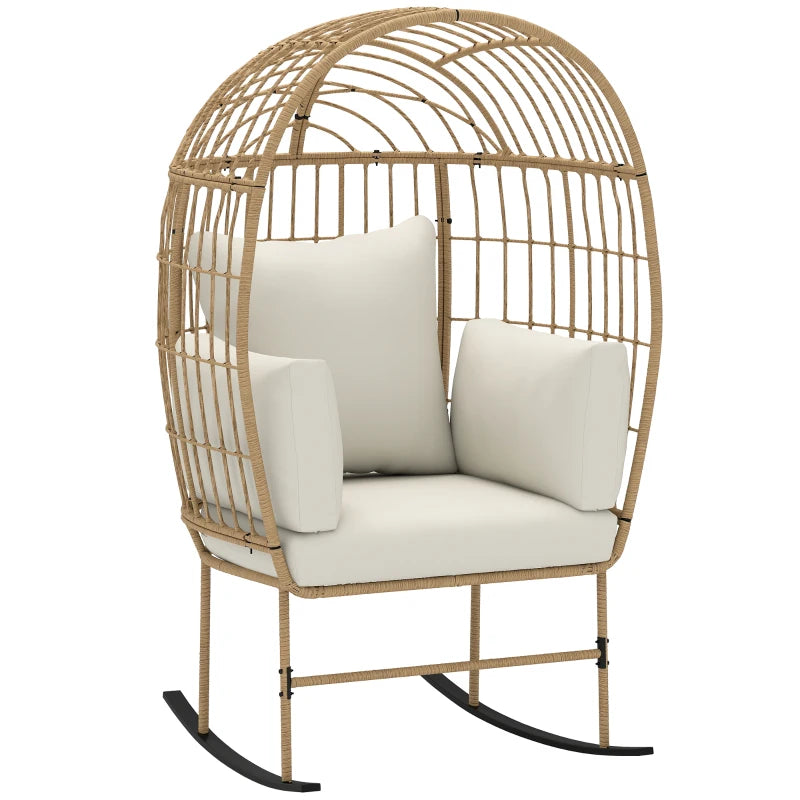 Oversized Rocking Chair, Indoor Outdoor Egg Chair w/ Thickened Cushions, Wicker Patio Lounger for Porch, Balcony, Beige