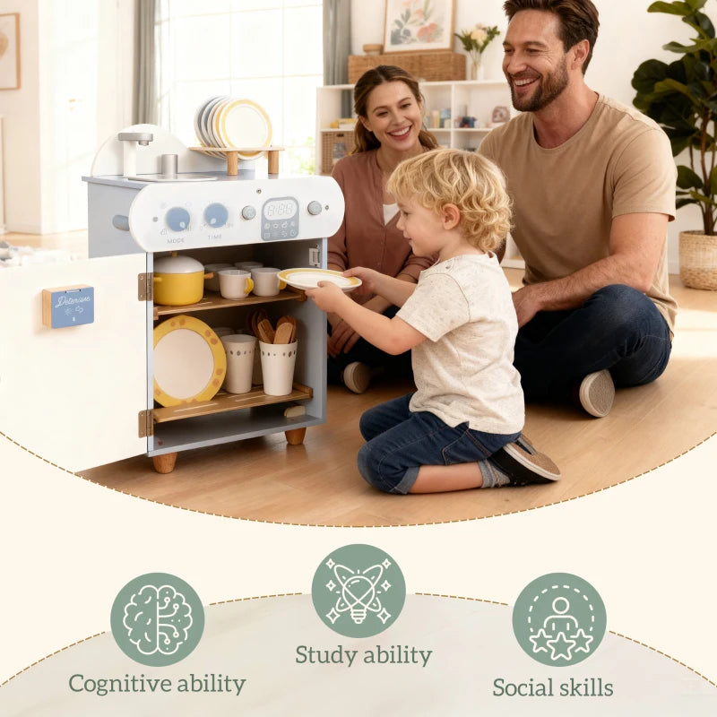 Qaba Wooden Dishwasher Playset, Play Sink Toys with Faucet, Turning Knobs and Accessories, Gift for Boys Girls Toddlers