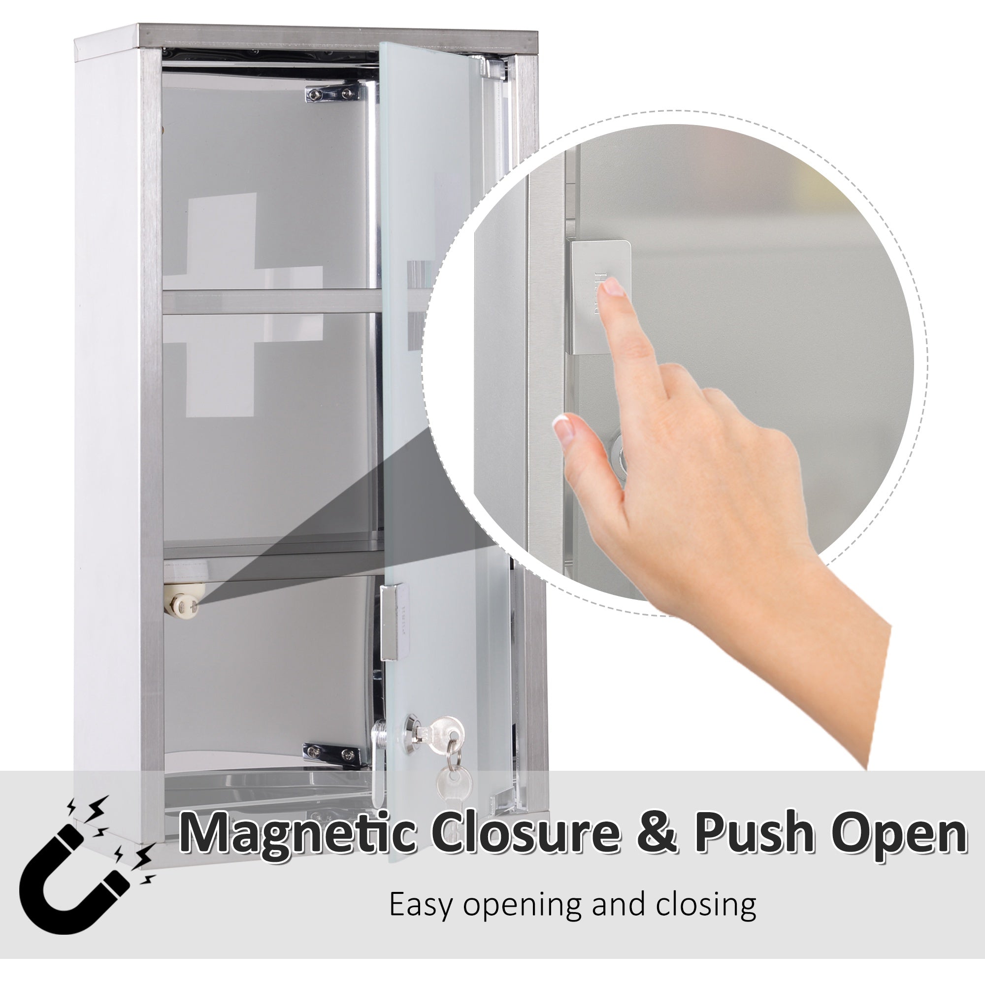 HOMCOM Sleek Wall-Mounted Medicine Organizer: Lockable 2-Shelf Glass Door Cabinet with Stainless Steel Frame for Bathroom Storage
