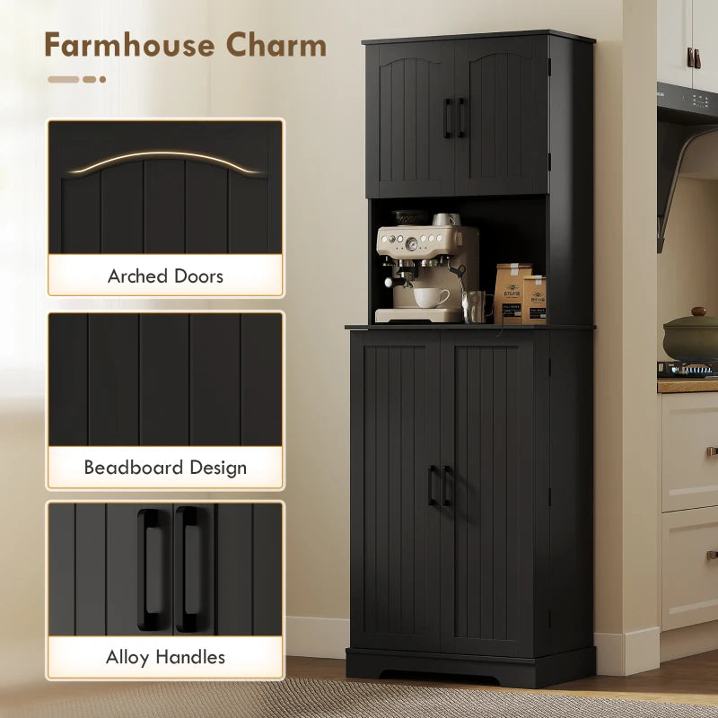 71.5" Tall Pantry Cabinet, Farmhouse Kitchen Storage Cabinet with Adjustable Shelves, 8 Door Spice Racks, Black