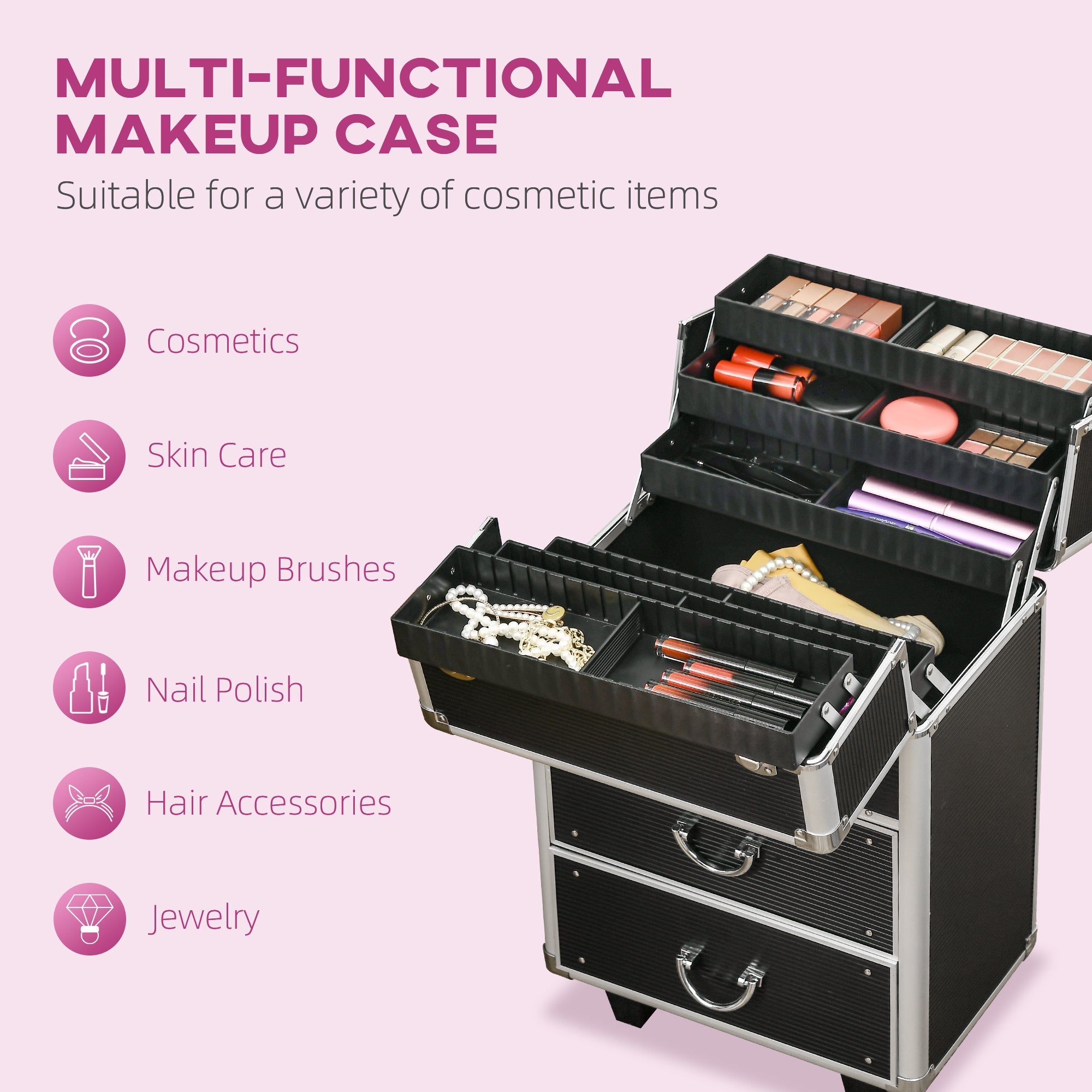 HOMCOM Large Cosmetic Trolley Rolling Makeup Train Case Storage Lockable Cart Black with Folding Trays Swivel Wheels