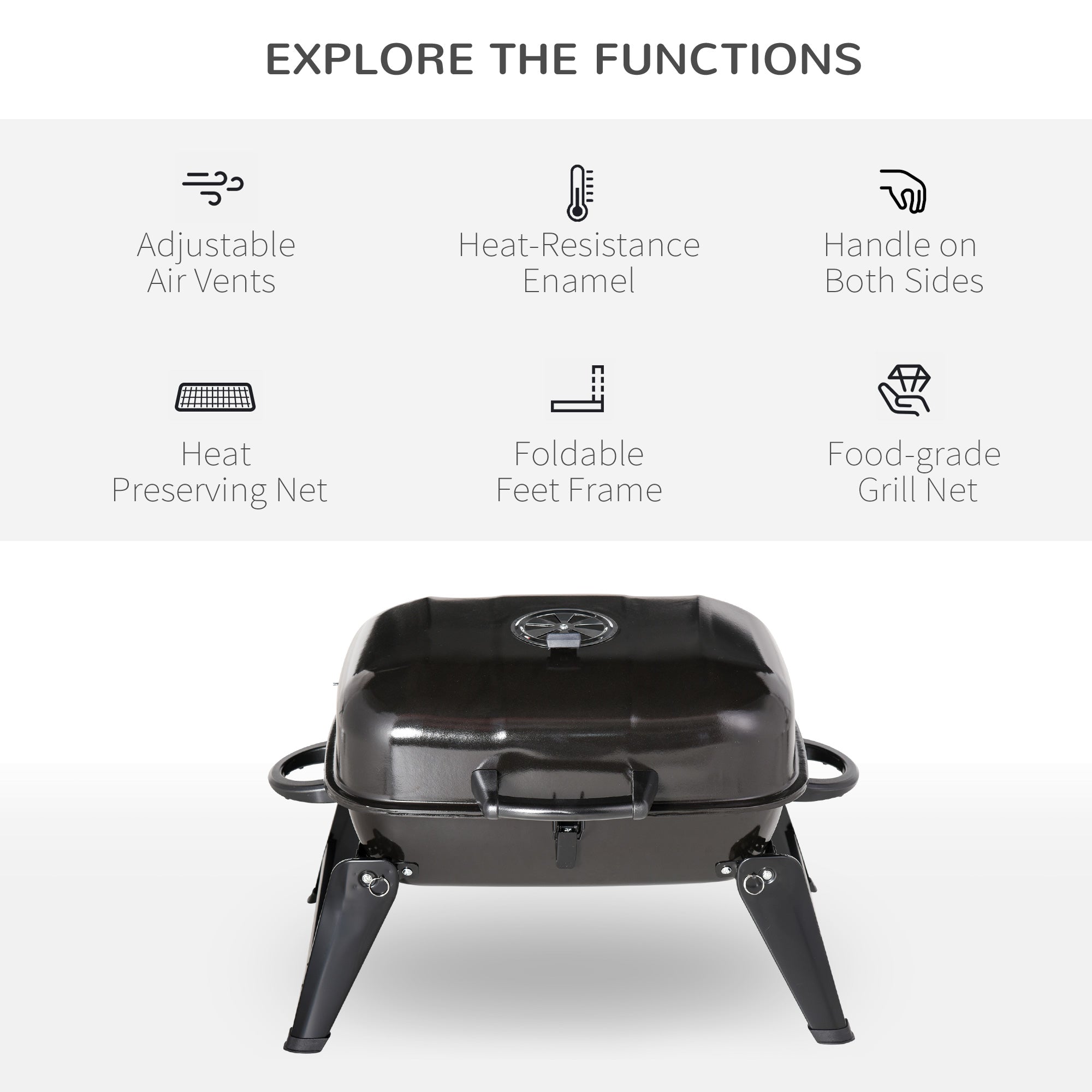 Outsunny 23" Portable Tabletop Steel Charcoal Grill Outdoor BBQ Camping Picnic Cooker Barbecue Smoker w.Air Vent Black