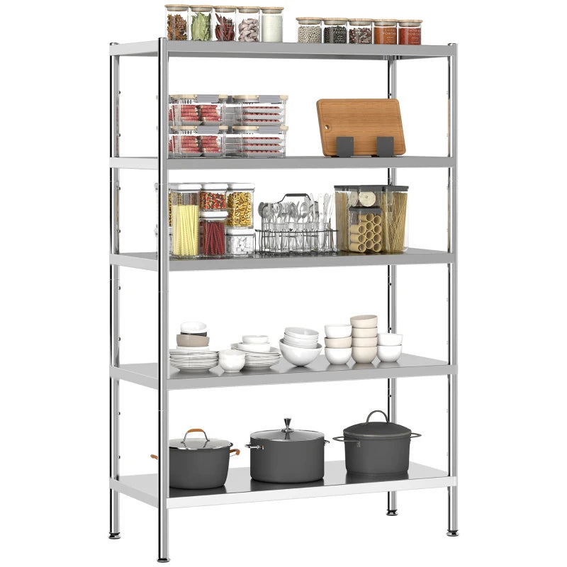 Bakers Rack, 5-Tier Stainless Steel Kitchen Storage Shelf with Adjustable Heights for Spices, Pots and Pans, Silver