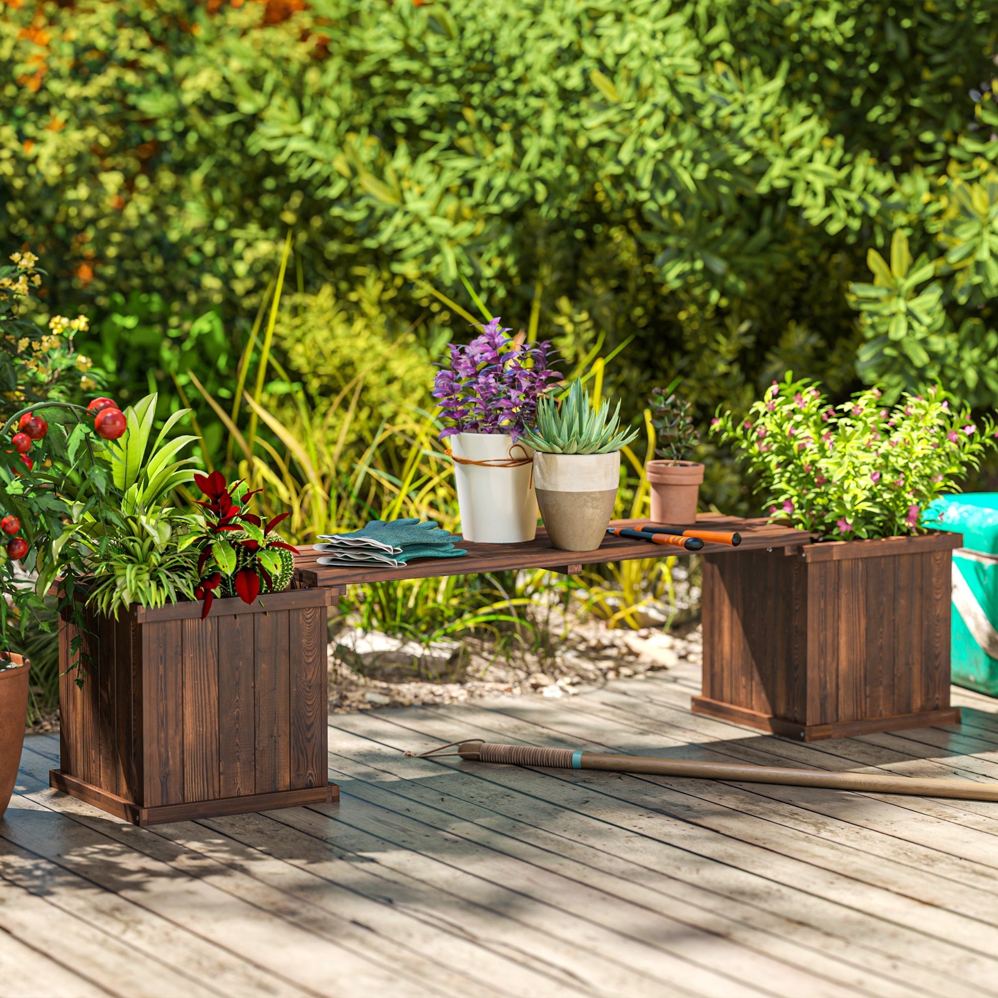 Outsunny Garden Planter with Raised Garden Bed Bench for Patio Park, 69.25" x 15" x 15.75", Carbonized