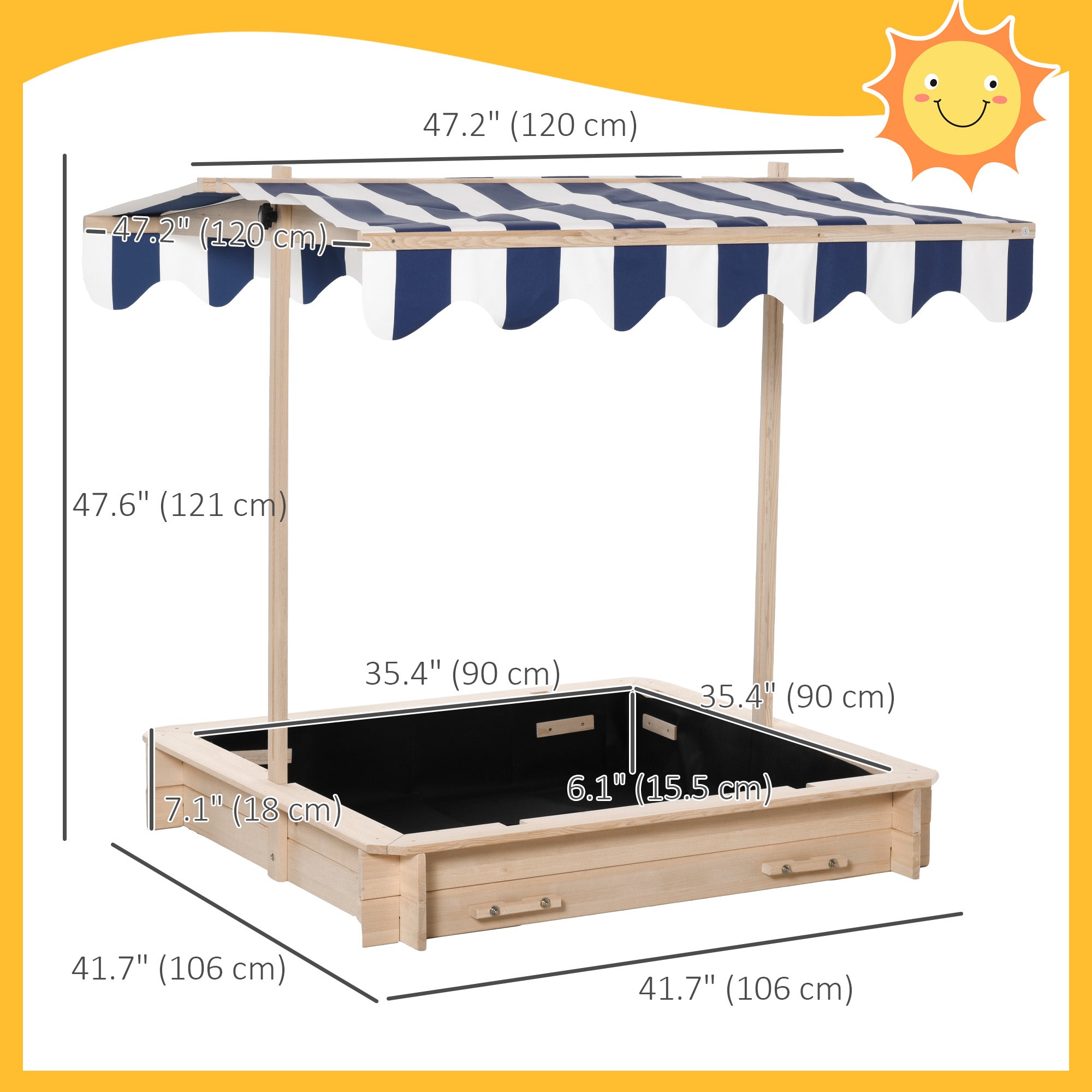 Outsunny Wooden Sandbox for Kids with Adjustable Canopy and Convertible Bench, Outdoor Playset - Sand
