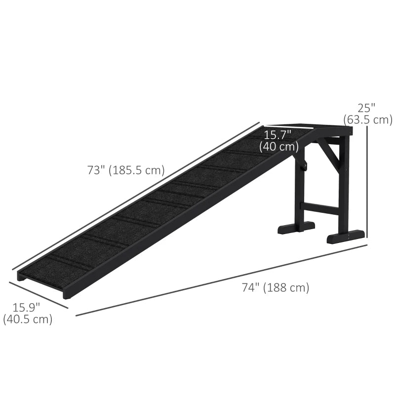 Pet Ramp Bed Steps for Dogs Cats Non-slip Carpet Top Platform Pine Wood 74"L x 16"W x 25"H Black