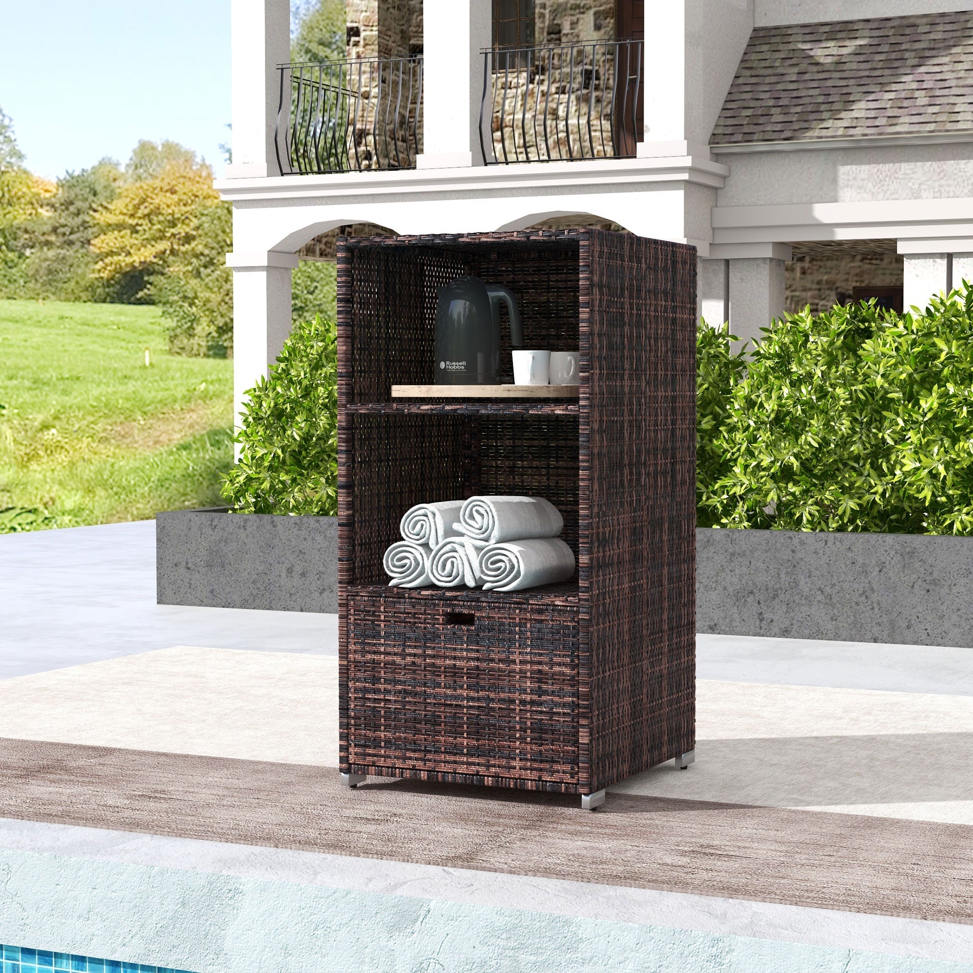 Outsunny Patio Storage Cabinet Rattan Wicker Outdoor Box Rack w/ 2 Shelf 1 Drawer Mixed Brown