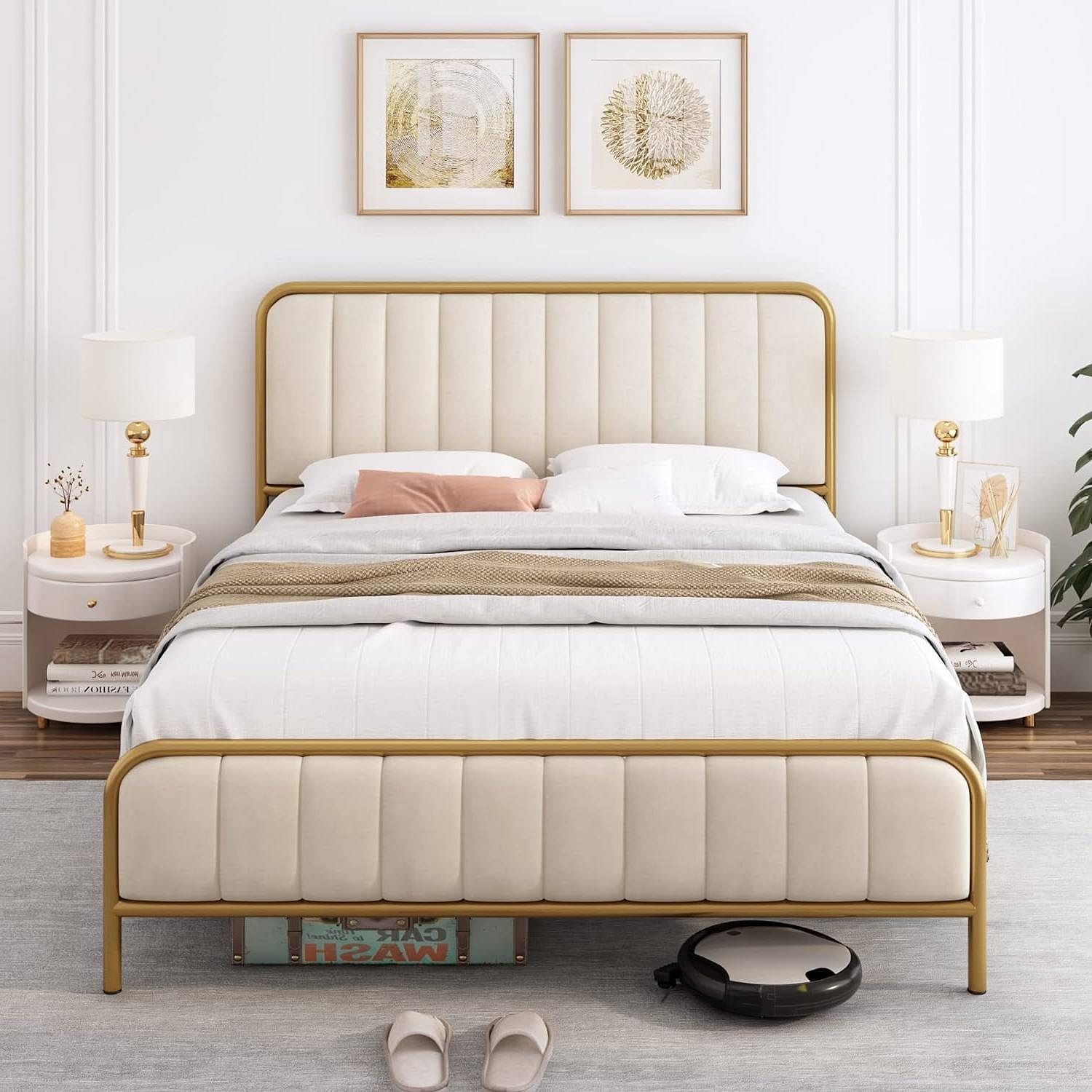 Queen size Gold Metal Platform Bed Frame with Off-White Upholstered Headboard - Free Shipping