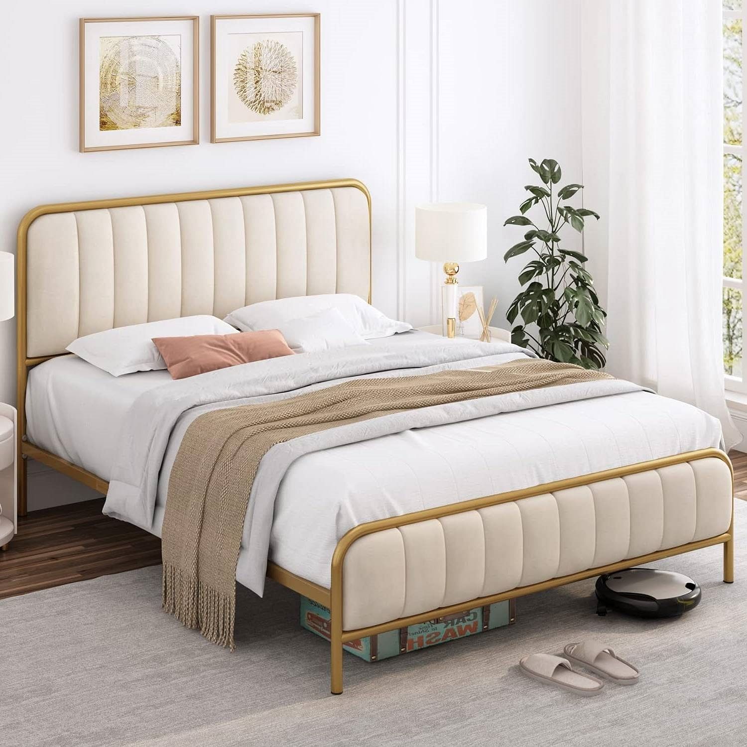 Queen size Gold Metal Platform Bed Frame with Off-White Upholstered Headboard - Free Shipping
