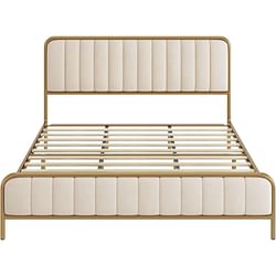 Queen size Gold Metal Platform Bed Frame with Off-White Upholstered Headboard - Free Shipping